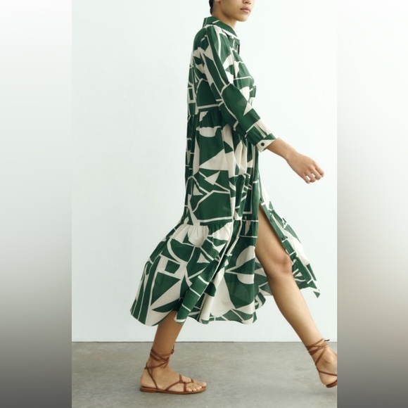 New! Zara small green combo geometric print front button ruffled hem dress. - Picture 13 of 14